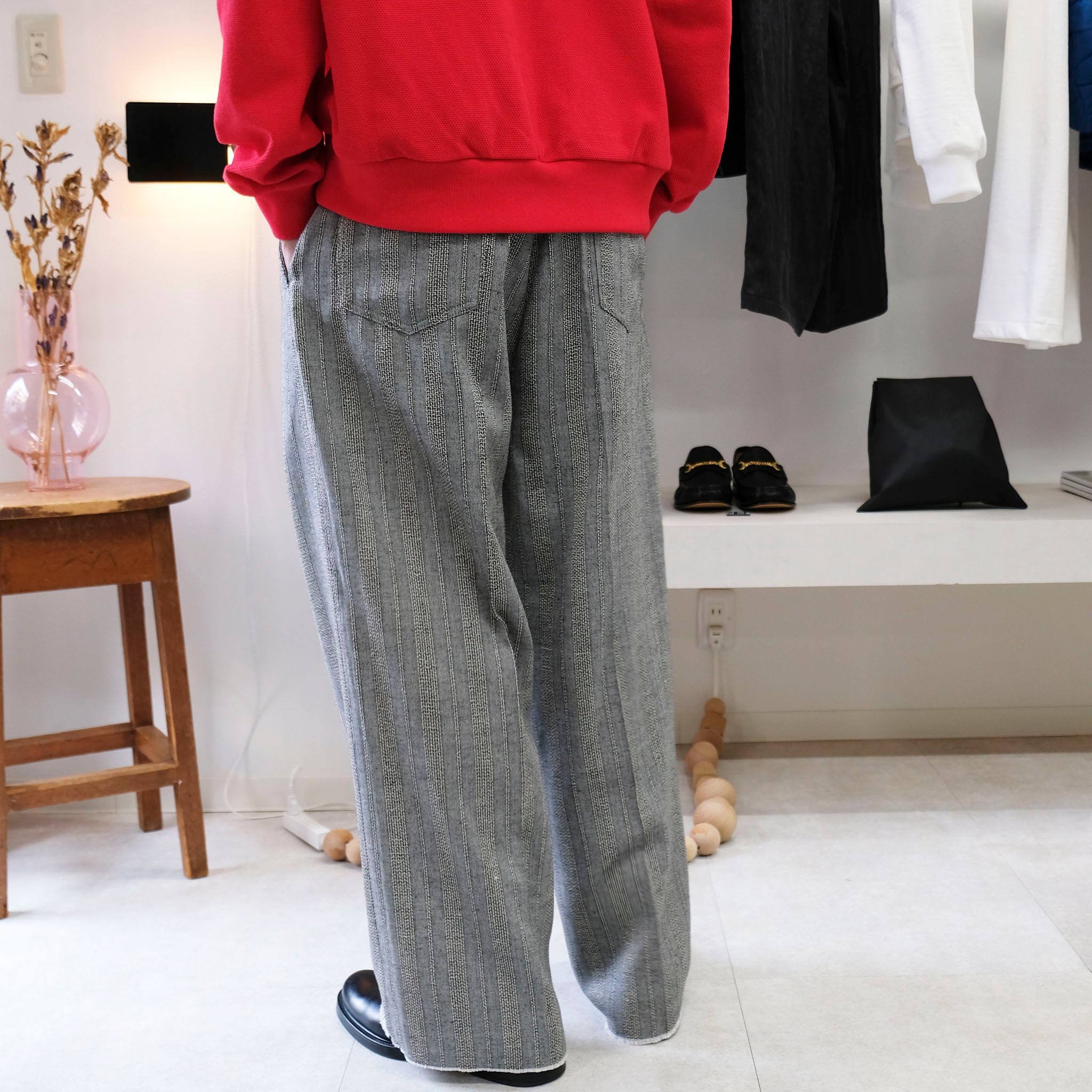 SABY "JACQUARD LINEN STRIPE TUCK-BAGGY- Bishu Japan -" ジャガード ワイド スラックス