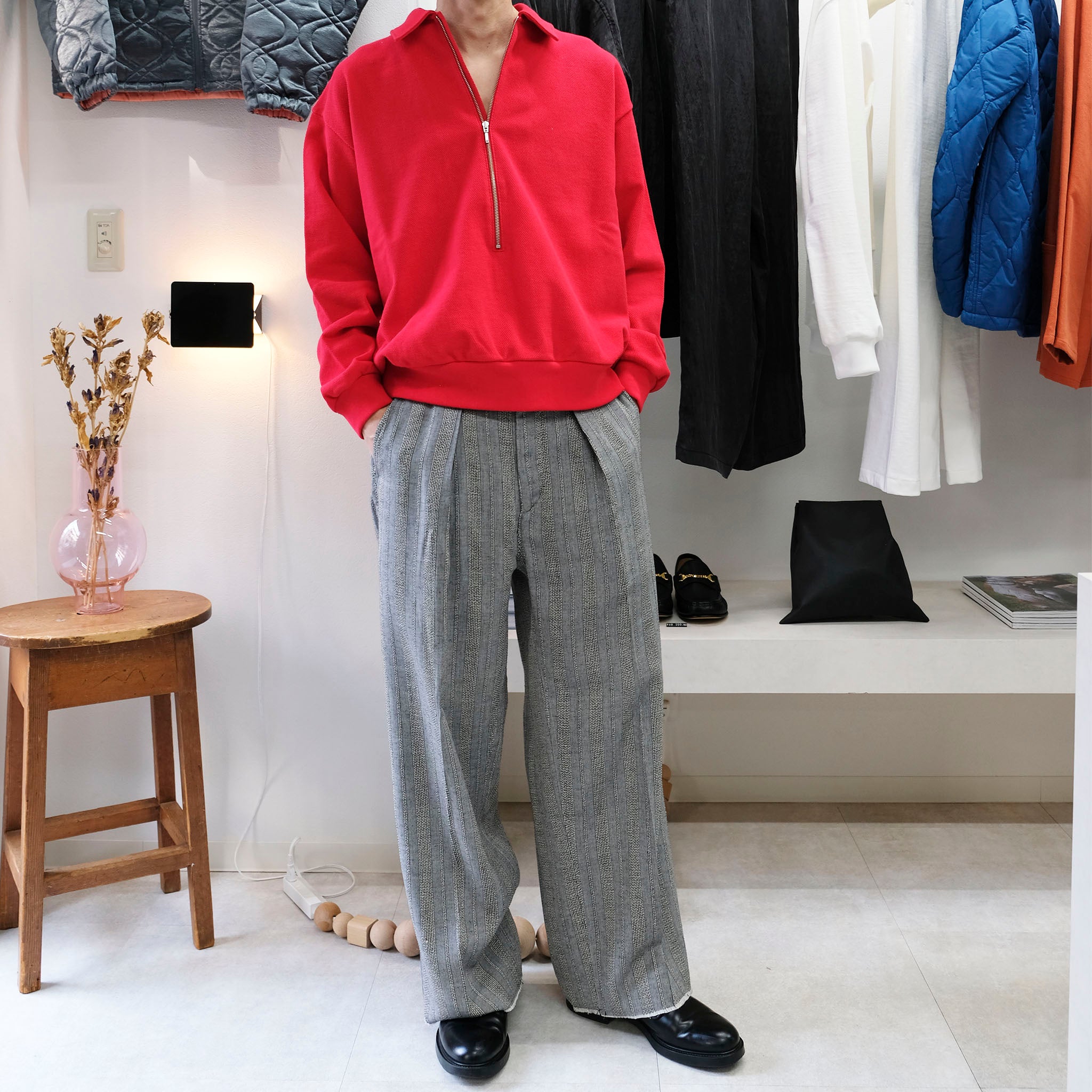 SABY "JACQUARD LINEN STRIPE TUCK-BAGGY- Bishu Japan -" ジャガード ワイド スラックス